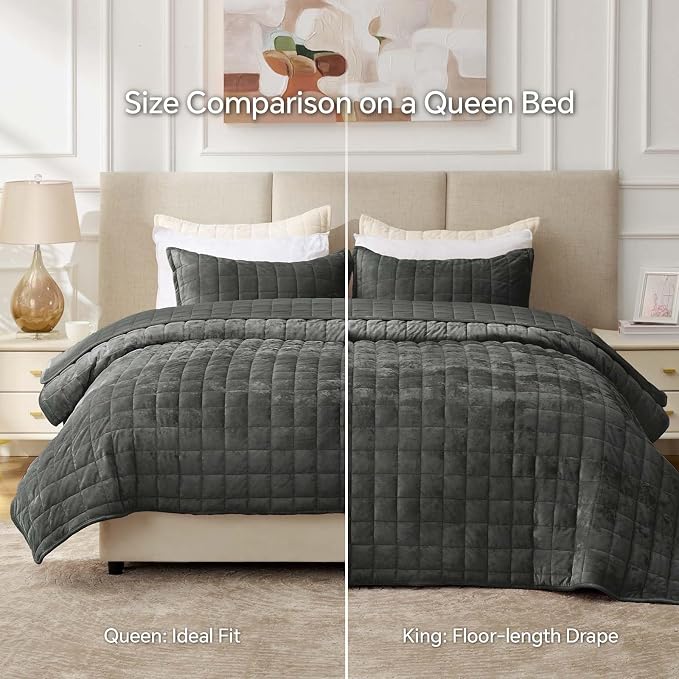 BEDELITE Velvet Quilt Set King Size - Luxury Soft Velvet Comforter Bedding Set for All Season, Lightweight Quilted Box Stitch Oversized Bedspread Coverlet with 2 Matching Shams, Dark Grey