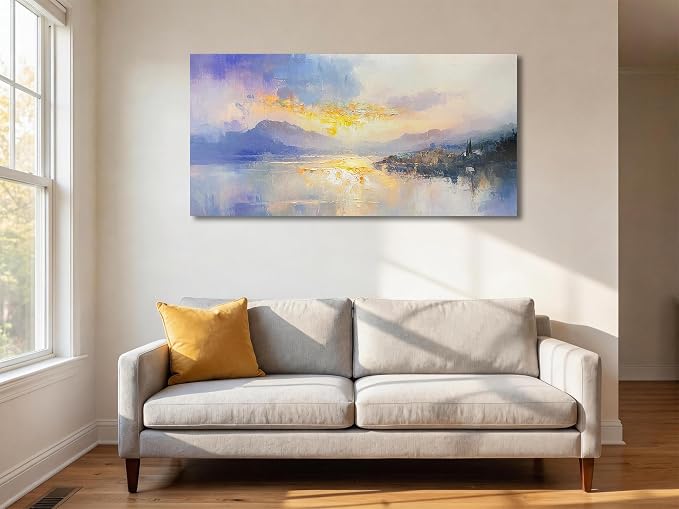 Ardemy Sunrise Lake Canvas Wall Art 48"x24" Misty Morning Mountain Landscape with Lakeside Cabin, Hand-Textured Soft Glow Picture for Living Room Bedroom Home Office Decor