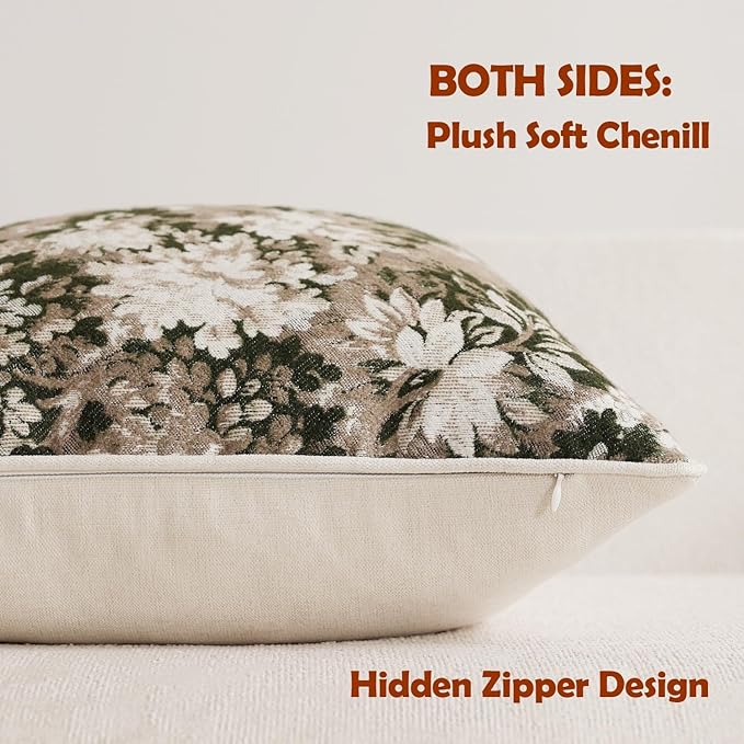 DEZENE Pack of 2 Vintage Floral Euro Sham Covers 24x24 Boho Farmhouse Accents Chenille Square Decorative Throw Pillow Cases for Living Room Couch Bed Home Decor, Green and Taupe