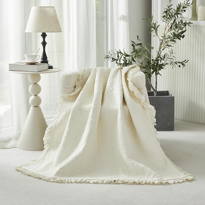 Brandream Cream Yellow White Ruffle Quilted Throw Blanket Cotton Throws for Bed Couch Daybed 47 X 60 Inch Decorative Blankets