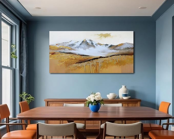 Arjun Textured Mountain Landscape Canvas Wall Art Large 48"x24"- Gold Peak & Misty Valley Painting, Golden Drip Artwork Framed Picture Prints for Living Room Bedroom Home Office Wall Decor