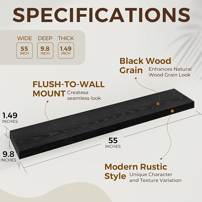 Dreamland 55Inch Black Floating Shelves 9.8" Deep Wall Mounted Set of 1 | Wall shelves for bathroom, bedroom, Living Room, kitchen, deep wall mount wood storage display for home decor 55" x 9.8"