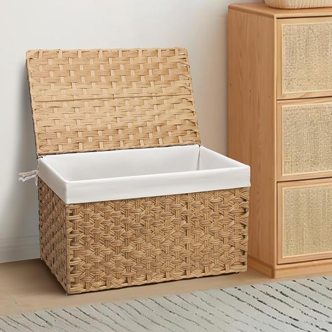 Wicker Storage Basket with Lid, 52.8 Gallon (200L) Large Blanket Basket with Lid, Woven Storage Bin with Handles, Removable Liner, Metal Frame, Foldable, for Bedroom, Laundry Room, Natural