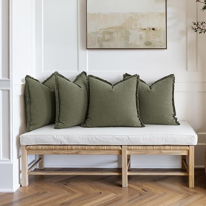 MIULEE Decorative Couch Pillow Covers Neutral Linen Fringe Throw Pillows Set of 4 Boho Farmhouse Cushions Soft Accent Pillowcases for Bed Couch Sofa Living Room Spring Decor 18x18 Inch Olive Green