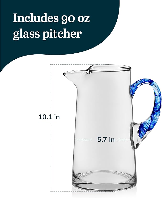 Libbey Cabos Glass Water Pitcher, 90 Oz Handcrafted Drink Pitchers with Spout and Blue Handle, Artisan-Inspired Glass Water Jar for Tables, Kitchen