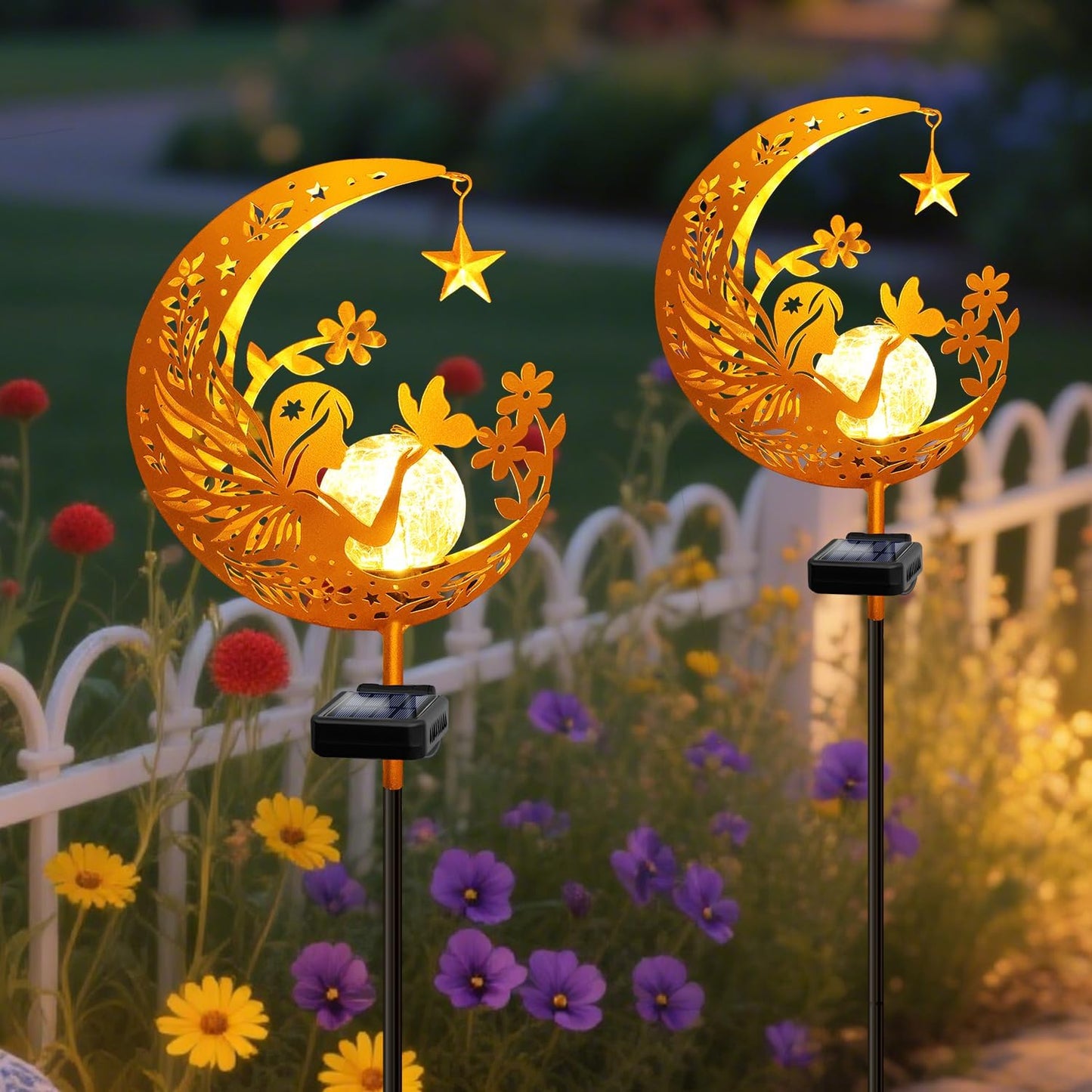YJFWAL Garden Solar Fairy Lights Pathway Stake Lights Glass Globe with Moon Angel Decor, Gifts for Mom Grandma Friends, Outdoor Decor Light Waterproof for Walkway, Yard, Patio or Garden (Warm White)