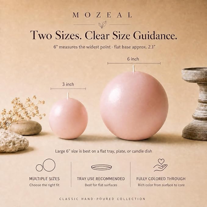MOZEAL Hand-Poured, 3 Inch Pearl Blush Round Ball Candles - Elegant Pearl Blush Round Pillar Candles Set of 3, Dripless, Unscented, Smokeless, Ideal for Weddings and Elegant Celebrations.