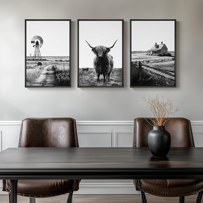 Framed Highland Cow Wall Art for Living Room, 3 Piece Black and White Farmhouse Canvas Artwork for Walls, Vintage Rustic Barn Western Farm Picture Prints for Bedroom Dining HallWay Wall Decor 16x24 In
