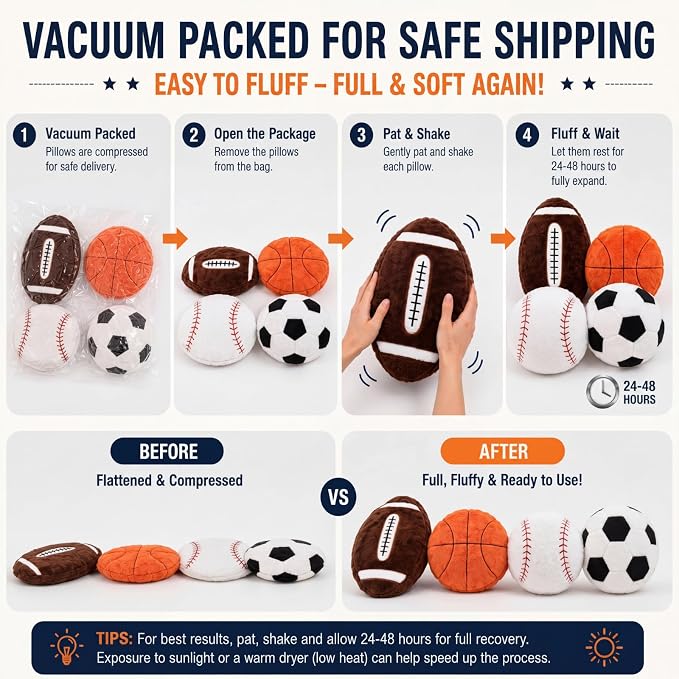 Juexica Sports Throw Pillows Fluffy Stuffed Soccer Basketball Baseball Pillow Plush Toy Sport Cushion for Room Decor Birthday Present(Medium,Assorted Color,4)