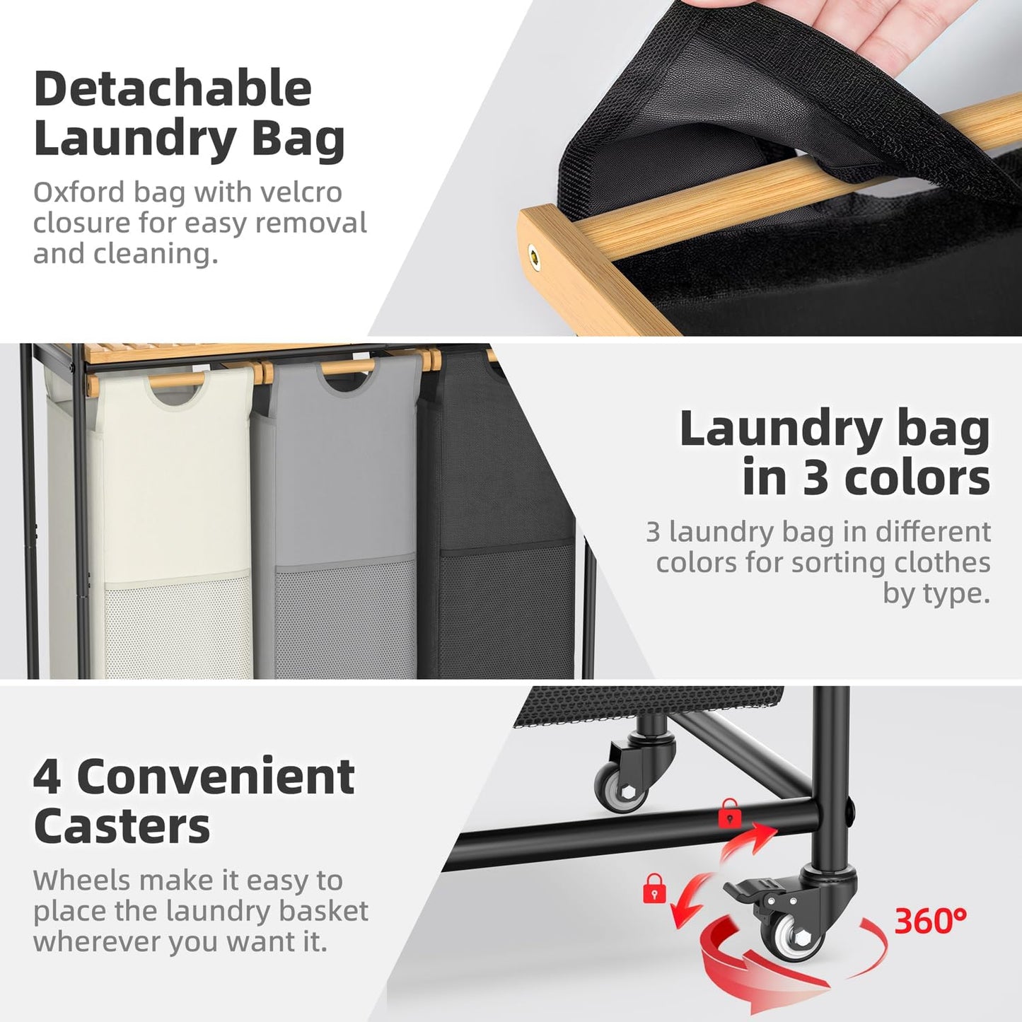 Laundry Hampers 3 Section, Laundry Sorter with Removable Shelf and Pull-Out Bags, Clothes Hampers with Wheels Rolling Cart Basket for Laundry Room Bathroom, 3 x 40 L (Black White Gray)