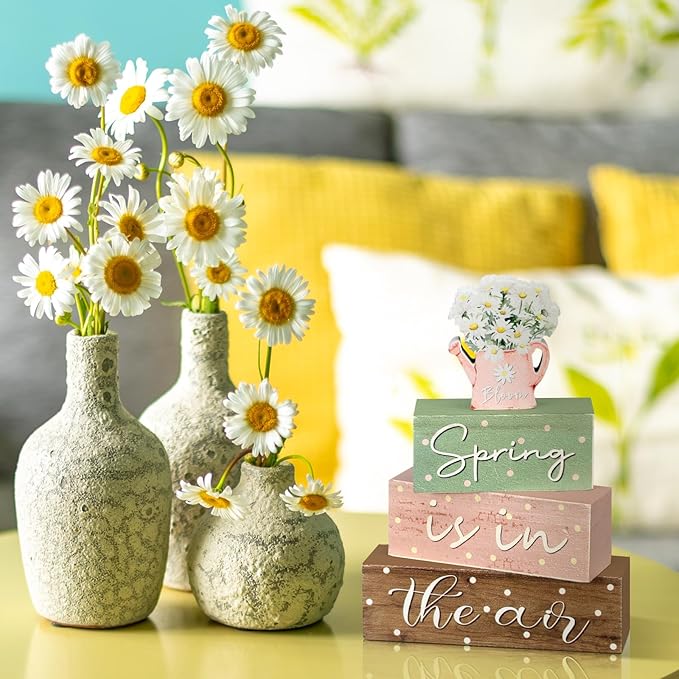 Yalikop 4 Pcs Spring Daisy Table Decorations Spring Tiered Tray Decor Daisy Wooden Block Sign Farmhouse Rustic Table Decor Centerpiece for Party Desk Home