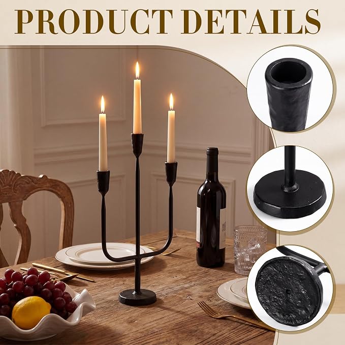1 Pcs 16 Inch 3 Arm Metal Candelabra Cast Iron Taper Candelabra Vintage Tall Candle Holder Decorative Candlestick Holder for Wedding Antique Table Centerpiece & Mantel Decor (Black)