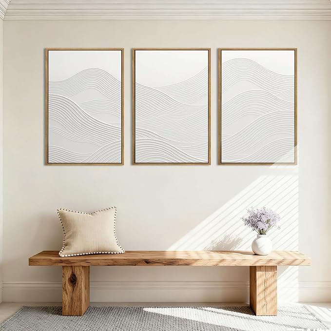 Anyzal Large White Textured Framed Wall Art 16x24 Inch Neutral Abstract Modern Canvas Wall Decor Gray Minimalist Ocean Waves Artwork for Living Room Bedroom Office Set of 3