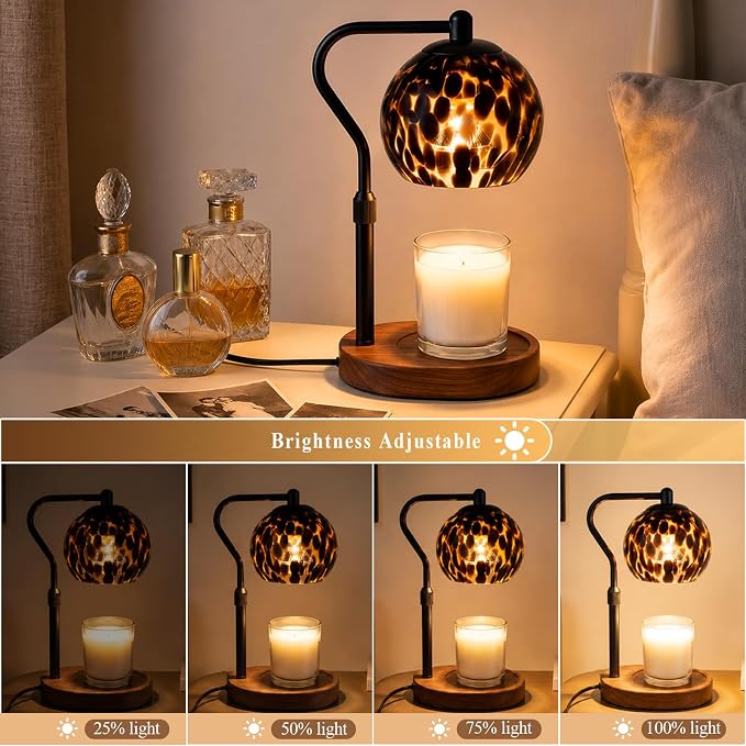 Candle Warmer Lamp with Timer & Dimmable Brightness Levels, Adjustable Height Wax Melt Lamp for Jar Candles, Tortoise Shell Glass Shade with Wooden Base, House Warming Decor Gifts Mothers Day Gifts