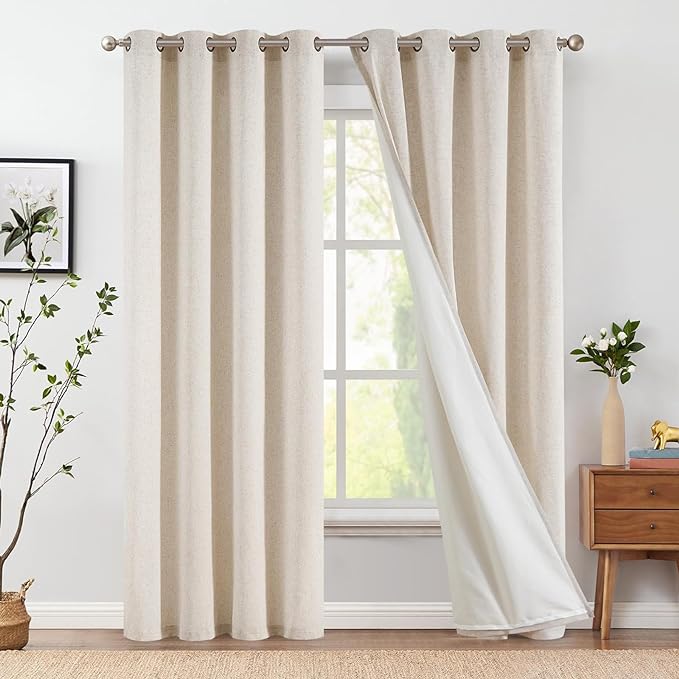 jinchan Room Darkening Curtains 90 Inch Length 2 Panels Set Linen Lined Curtains for Living Room Bedroom Farmhouse Grommet Thermal Insulated Drapes Light Locking for Door Window 50x90 Inch
