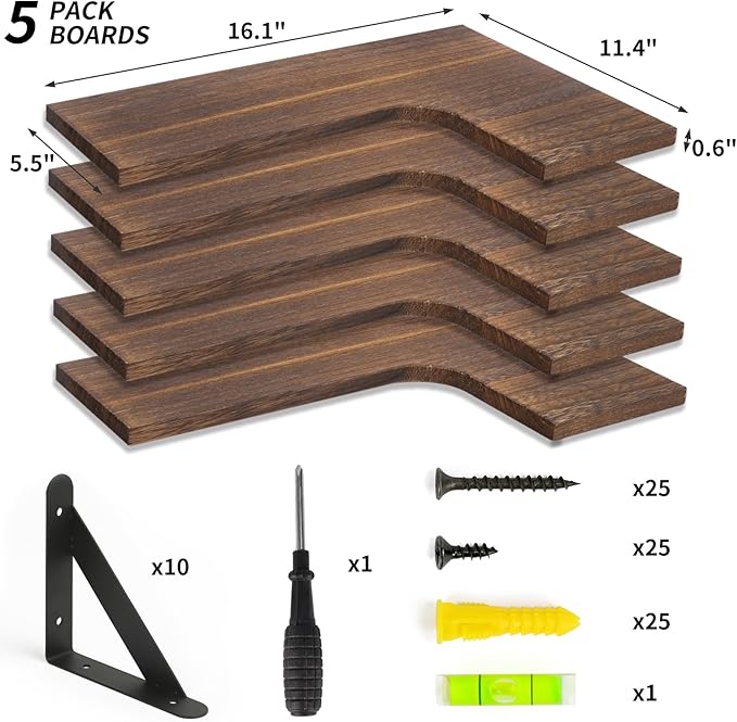 Fixwal Corner Floating Shelves for Wall, Rustic Wood Wall Mounted Shelf for Bathroom, Kitchen, Bedroom, Home Decor, Laundry Room, Living Room, Set of 5 (Dark Carbonized Black)
