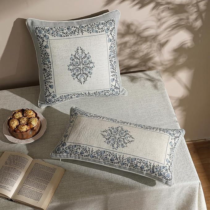 ISAENNE Designer Vintage Linen Throw Pillow Cover,20"x12"-Segerman A | Elegant Chinoiserie Rectangle Pillow Cover,Concealed Zipper Design,Floral Pattern,Sofas,Bedroom,Living Room,Lounge Chairs