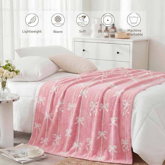 WRENSONGE Soft Throw Blanket for Couch-Cozy Reversible Knitted Blankets | Lightweight Warm Fluffy Decor for Women, Mom, Her & Girls, Sofa, Chair, Bed, 50x60in, Pink Bow