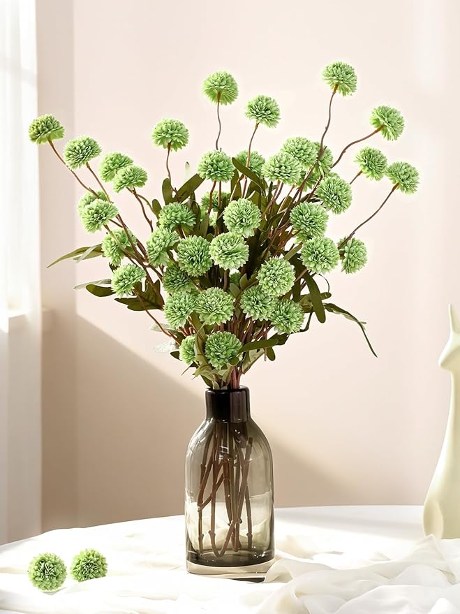 Waipfaru 10pcs Fake Flowers, Artificial Pompon Mums , Bulk Faux Chrysanthemums Flowers for Indoor Home Decorations, Boho Decor, Green, No vase
