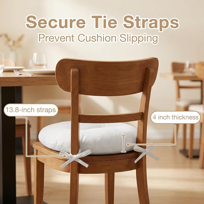 White Bistro Chair Cushions Set of 2, Round Seat Chair Pads with Ties for Dining Room Patio