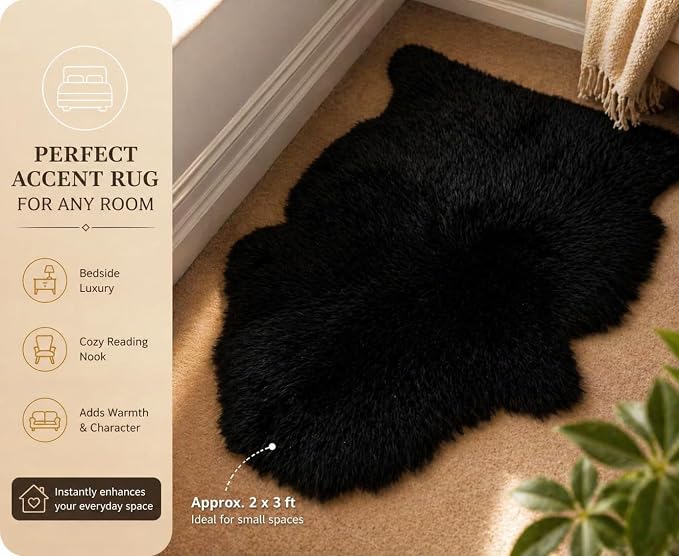Woolous Black Sheepskin Rug Genuine New Zealand Lambskin Single Pelt 2x3 ft | Real New Zealand lambskin wool with soft fluffy texture. Use as sheep skin rug, chair throw, sofa cover or bedroom decor.