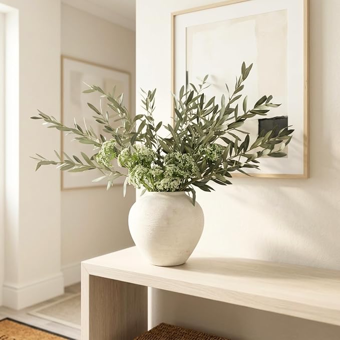 RyddeligHome Faux Arrangement - Olive & White Berry, Realistic Artificial Greenery Stems for Vase, Winter Floral Arrangement for Farmhouse Home Decor, Christmas Table Centerpiece Decor