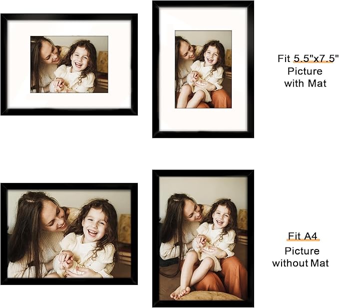 Picrit A4 Picture Frame Set of 12, Display 6x8 with Mat or 8.3x11.7 without Mat, Photo Frames for Wall Mounting or Table Top Display, Black