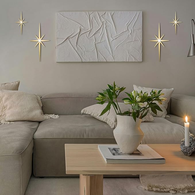 4 Pack Metal Star Wall Art 8 Pointed Starburst Wall Decor Set with 2 Large & 2 Small Pieces Mid Century Celestial Metal Wall Sculpture for Bedroom Living Room Office Gallery Wall