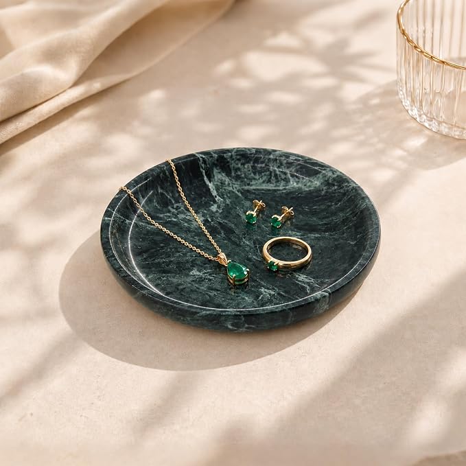 Small Natural Marble Jewelry Tray Key Plate Holder Dish Trinket Decor Catch All Bowl for Ring Earring Stone Gift for Women Daugther,Verde Alpi Green,5.5"