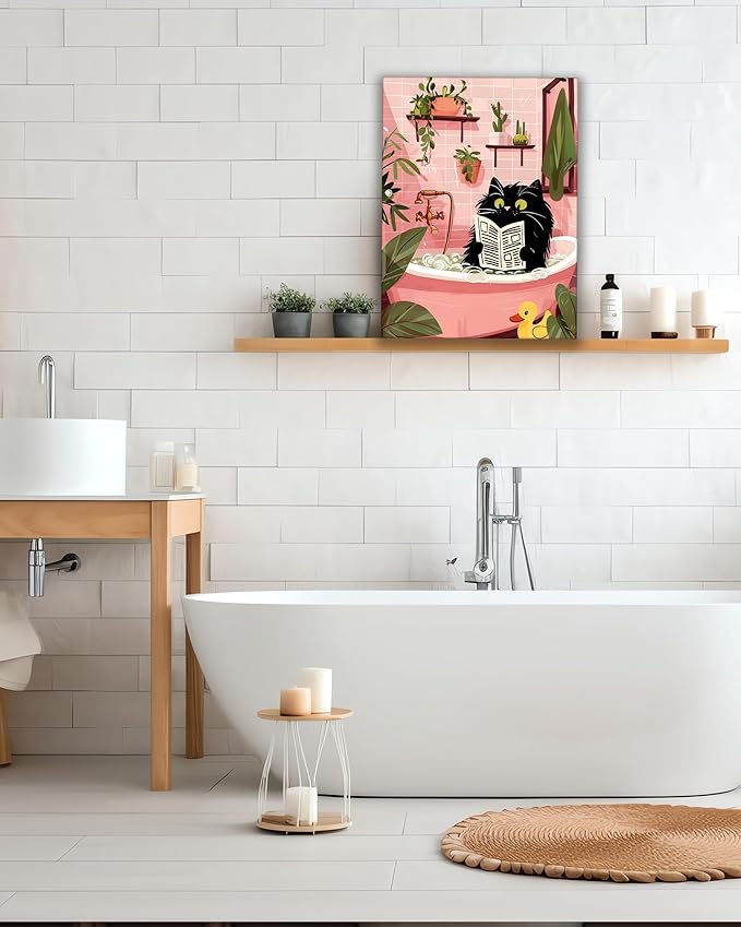 UPWOIGH Cute Black Cat Bathtub Bathroom Wall Art, Cat Reading Newspaper Poster, Pink Bathroom Decor with Plants, Wood Framed Canvas 12x16 Inch