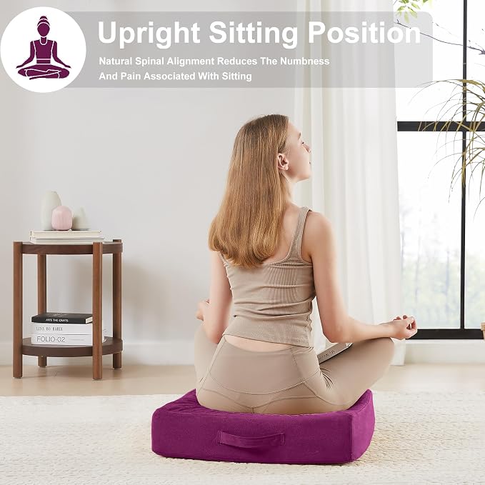 JKMAX 22 inches Floor Pillow for Adults - Large Meditation Cushion with Thick Foam - Premium Outdoor Square Floor Cushion Seat - Yoga Pillow for Sitting On Floor - Purple