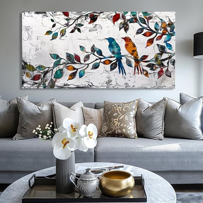 Wall Art Funny Paintings Colorful Birds on a Branch Art Mural Pop Art Home Office Wall Decor Framed Canvas Wall Decor for Living Room Ready to Hang - 71x36in
