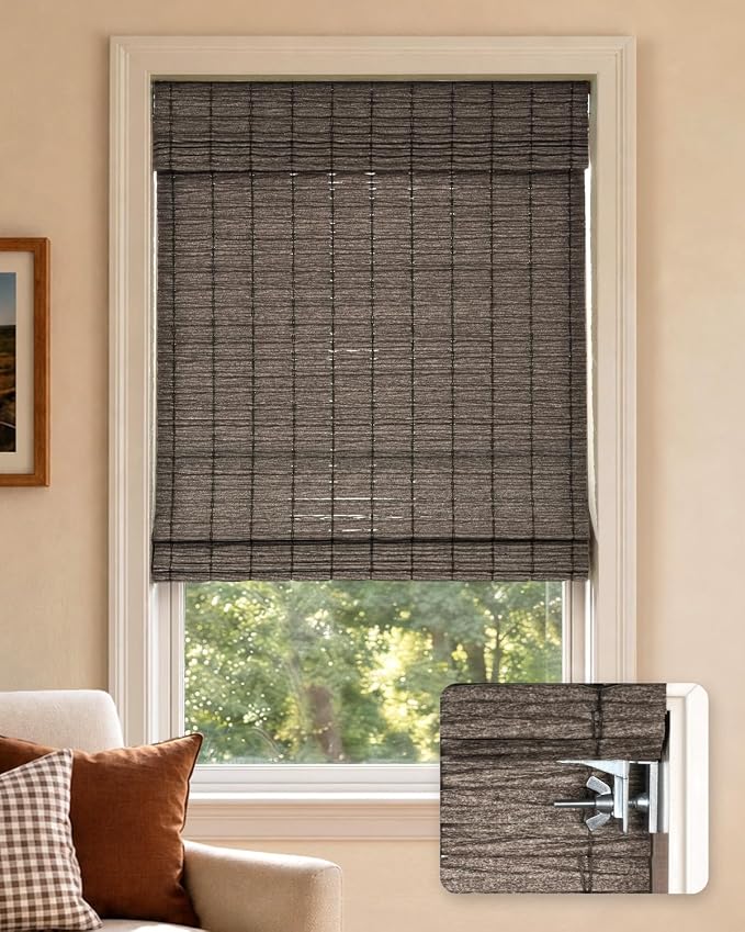 LazBlinds No Drill Cordless Roman Shades for Windows, Light Filtering Privacy Protection Thermal Insulation UV Blocking Natural Panama Weave Fabric Blinds for Windows, 45" W x 64" H, Dark Grey