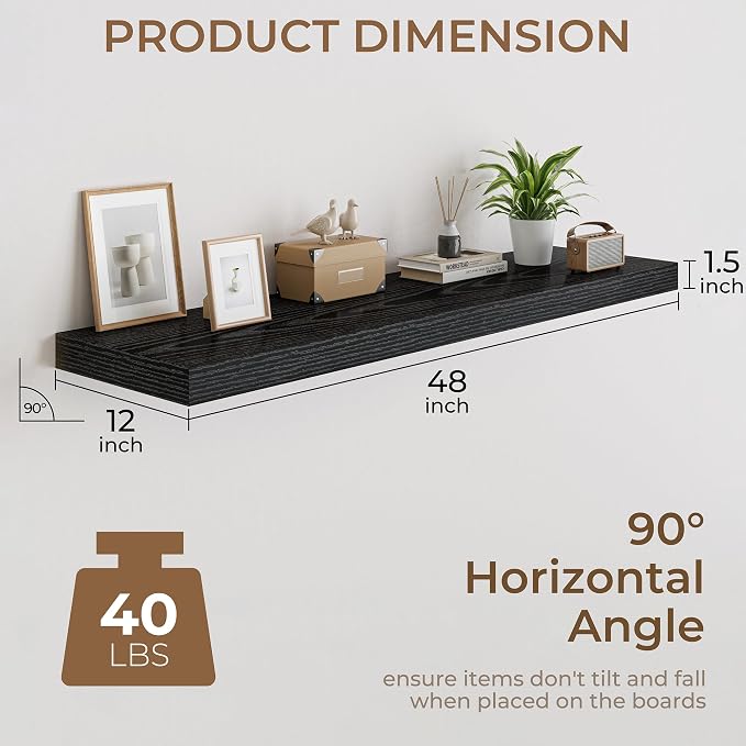 RICHFOCUS 48 Inch 12" D Floating Shelves for Wall 2 Pack Long Wall Shelves for Room Wall|Large Wood Hanging Shelf with Invisible Brackets for Bathroom Bedroom Kitchen Laundry Room, Black