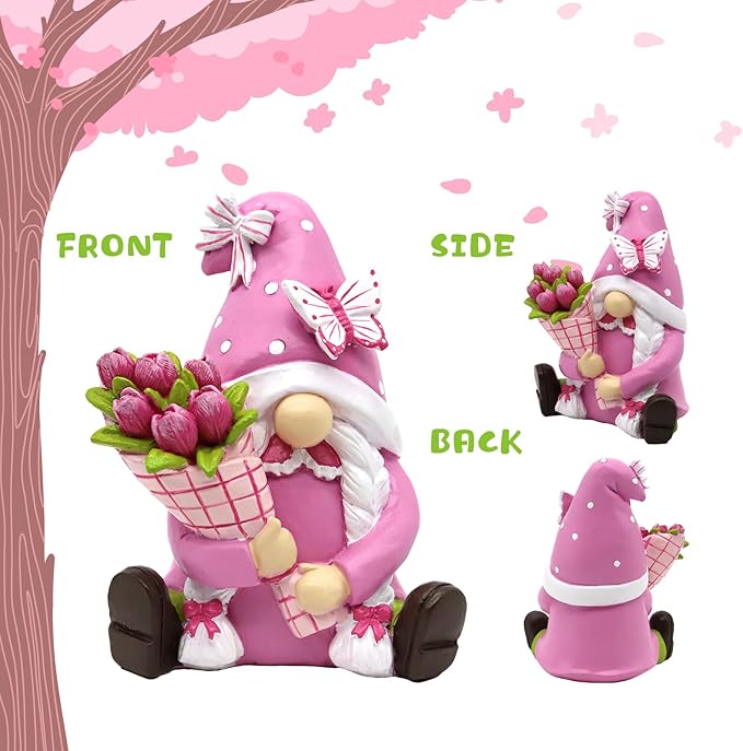 Spring Gnomes Decorations for Home Office- Pink Resin Garden Gnomes with Butterfly Tulip Tiered Tray Decor- Spring Mother's Day & Retirement Gifts