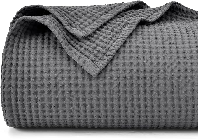 PHF Pre-Washed 100% Cotton Waffle Weave Blanket Queen Size for Bed,Snag Proof Throw Blanket for Couch Spring Summer Lightweight Breathable,Machine Washable, Home Decor Gift - Charcoal