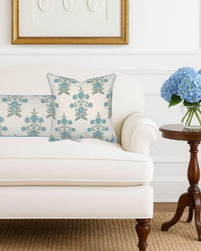 Jillien Harbor Amelia 20" x 20" Floral Throw Pillow Cover Blockprint 50 cm x 50 cm Grandmillennial Home Decor (20" x 20")