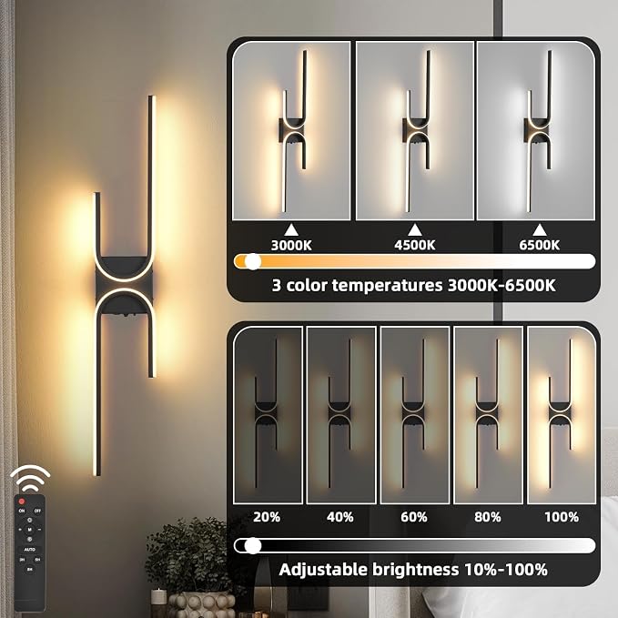 Battery Operated Wall Sconce with Remote Control, USB Rechargeable Wireless Wall Sconce Set of 2, LED Dimmable Wall lamp, 3 Color/Timer/Memory, Black Wall lights for Bedroom Living Room, 31.5 "