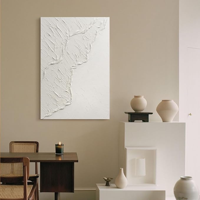 Abstract Ocean Wave Canvas Vertical Wall Art, Modern Textured Oil Painting | Minimalist Vertical Canvas Artwork for Living Room Bedroom Office Neutral Hand-Painted White Wall Art Contemporary Home Decor