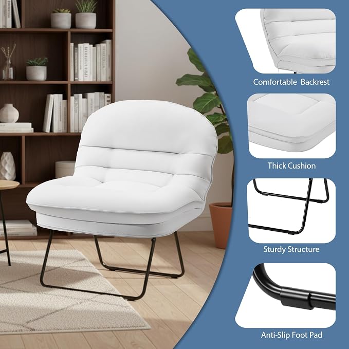 DUMOS Comfy Saucer Chair, PU Leather Foldable Chairs for Bedroom, Dorm & Gaming, Fashion Folding Floor Chair with Back Support for Small Spaces, New White