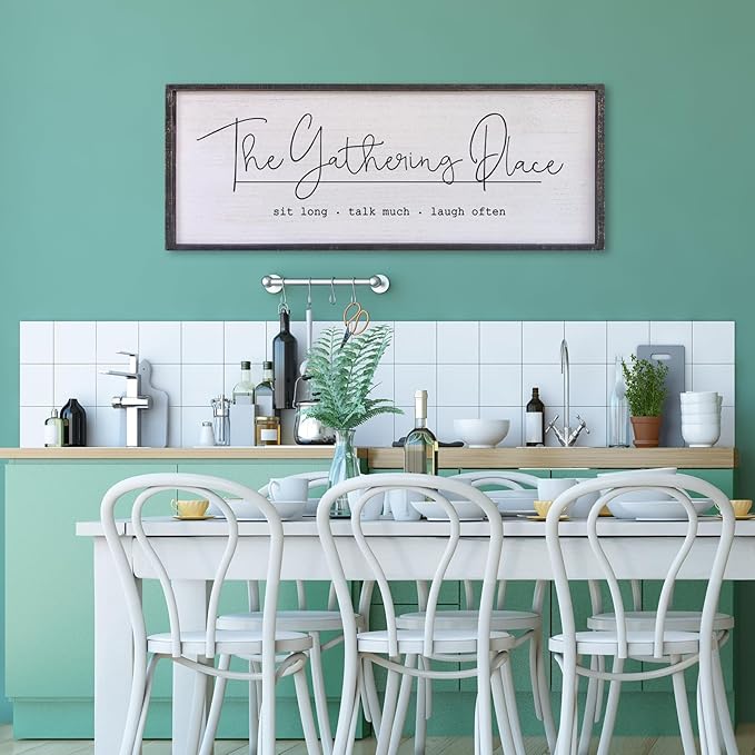 The Gathering Place Wall Decor Sign 32"x12" Large Family Dining Room Vintage Wooden Framed Country Farmhouse Simple And Rustic Hanging For Kitchen Home Wall Art Decoration (Black)