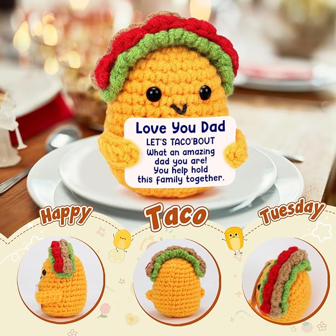 Dad Birthday Gifts from Daughter Son Wife, Best Dad Ever Cool Funny Cute Small Gifts for New Single Step Dads Thank You Daddy Present Valentines Fathers Day Christmas Handmade Crochet Taco Gift