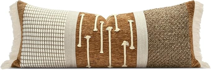 Burnt Orange Boho Lumbar Pillow Cover 14x36 Inches | Modern Farmhouse Long Lumbar Decorative Pillows Cushion Case with Handmade Drawn Work Tassel for Bed Couch