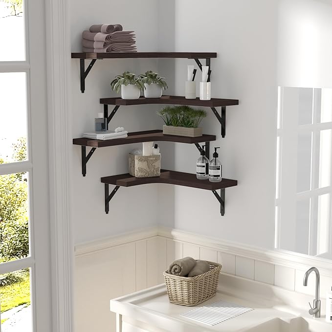 ROMGUAR CRAFT Corner Floating Shelves Wall Mounted Set of 4, Rustic Wood Storage Display Wall Shelves for Home Decor, Bathroom, Kitchen, Bedroom, Living Room, Office (Brown)