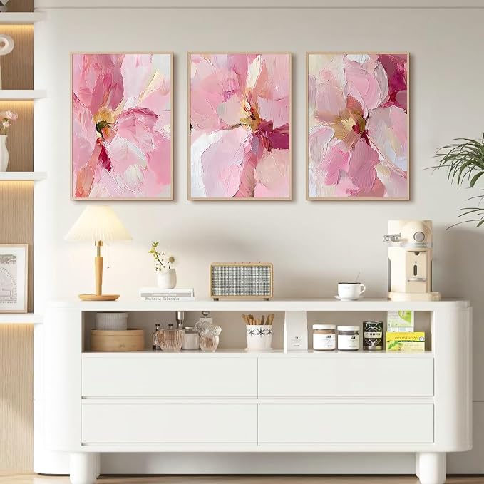 Abstract Floral Wall Art Pink Flower Canvas Pictures Modern Wall Decor Blush Pastel Pink Prints Peony Painting Minimalist Poster Botanical Artwork for Bedroom Living Room 24x36 Inch Unframed set of 3