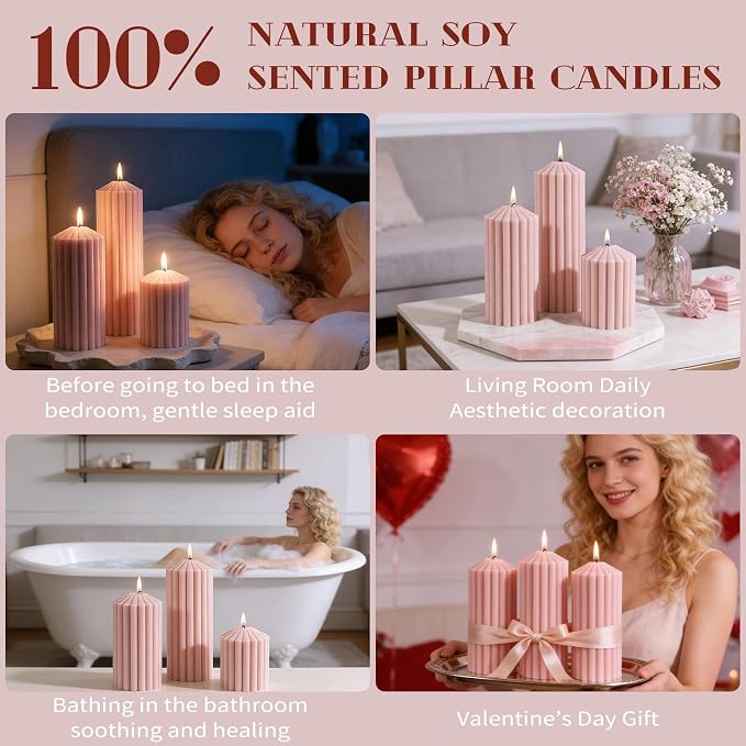 Pink Ribbed Pillar Candle Set of 3 - Wild Bluebell Scented Soy Wax Candle,Aesthetic Decorative Textured Pillar for Home Decor-2.8x4,6,8in Long Lasting Fragrance for Home Decor,Gifts,Spa,Wedding