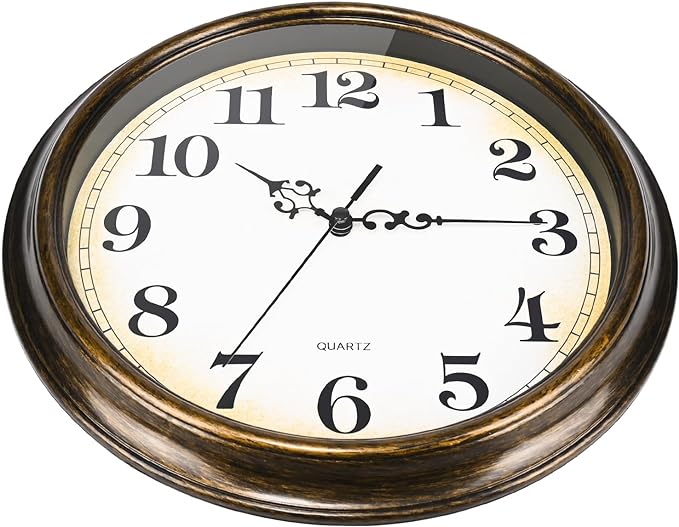 Yoiolclc Wall Clock Battery Operated Silent Non-Ticking Vintage Wall Clocks for Kitchen, School, Living Room (12Inch, Bronze)
