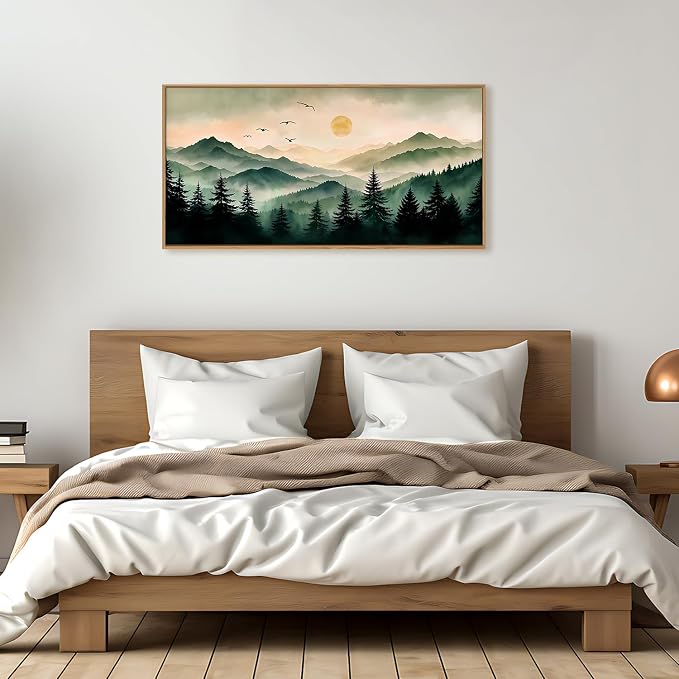 Large Boho Mountain Framed Canvas Wall Art Set 20"x40"x1 | Misty Forest Landscape Green Pine Tree Wall Painting Nature Sunrise Art Prints Living Room Bedroom Dining Room Office