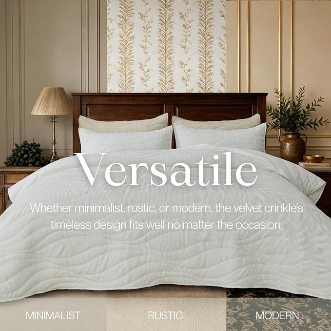 DOWN HOME Crinkle Textured Velvet Quilt Set with Shams, All-Season Luxury Modern Bedding,Easy Care Comforter,Ultra-Soft,Lightweight & Breathable, King, Throne White