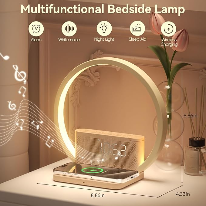 Vivilumens Sunrise Alarm Clock Wireless Charger, 10 White Noise Sound Machine Alarm Clock with 30/60/90 Mins Timer, 3 Levels Touch Night Light Dual Clocks for Heavy Sleeper Bedroom Decor Gift for Her